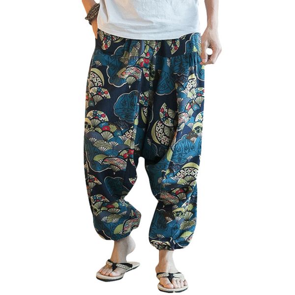 

2019 plus size cotton linen harem pants men joggers cross-pants male summer floral print hawaii beach pants boggy trousers, Black