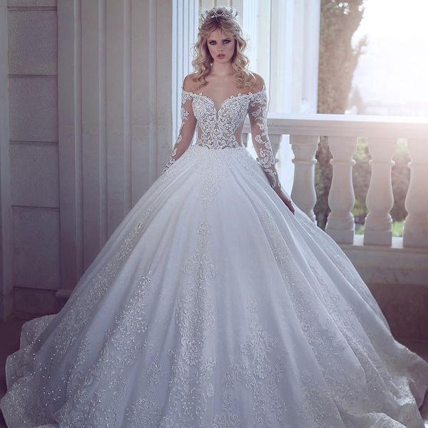 

vintage a line layers wedding dresses 2019 off shoulder long sleeves tulle appliques fitted puffy bridal gowns bc0325