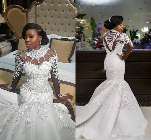 

vintage high neck crystal beaded african mermaid wedding dresses luxury long sleeves lace appliqued plus size saudi arabic bridal gown, White
