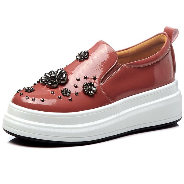 

2019 new slip-on patent leather spring platform shoes women height increasing rivets metal decoration loafers wedge shoes female, Black