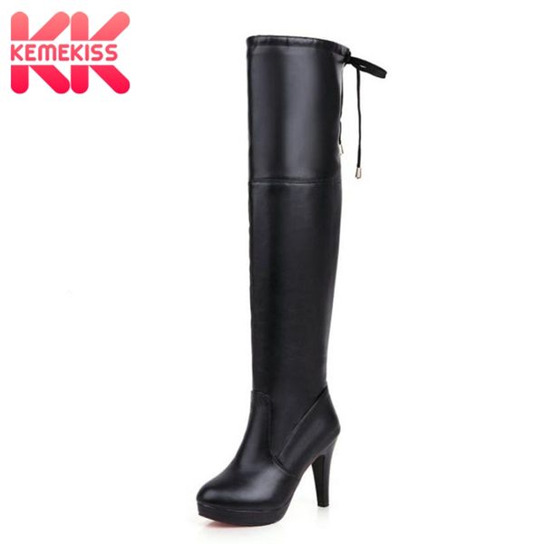 

kemekiss women high heel boots platform lace up zipper warm shoes winter fur over knee boots fashion footwear size 34-43, Black