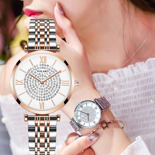 

steel belt ladies watch diamond quartz rose gold roman scale ultra-thin bracelet women business watch relogio femino, Slivery;brown