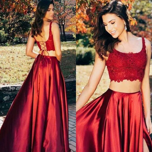 

dark red 2019 two pieces prom dresses scoop neck sleeveless lace appliques corset open back crop floor length evening gown with split, Black
