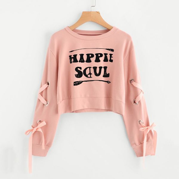 

women bandage sweatshirt crop lace up cute knot long sleeve pullover casual solid jumper autumn sweatshirt sudadera mujer, Black