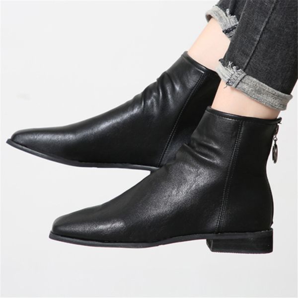 

winter warm boots women fashion pure color square toe zipper boots square heels vintage women shoes feminina zapatos de mujer 30, Black