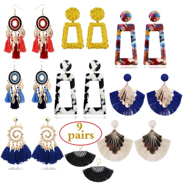 

9 pairs tassel earrings set for women earrings new tiered dangle long acrylic hoop bohemian fringe drop earring jewelry, Silver
