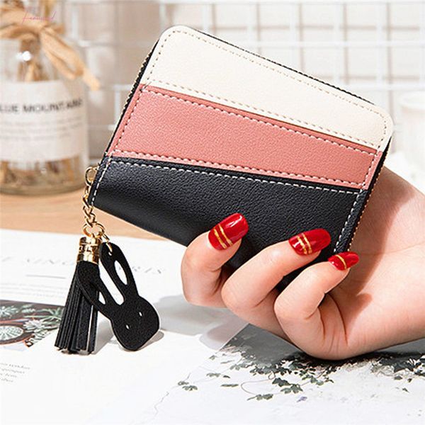 

multifunction womens short love wallet outdoor fashion trend solid color flower fringed leather wallet tassel leather purses 15, Red;black