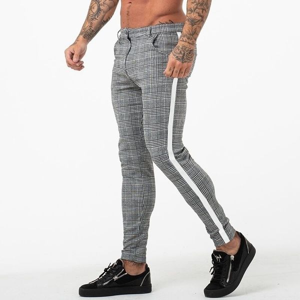

men plaid skinny pants fashion big sizes slim fit pencil pants casual men's cotton pocket trousers man clothing, Black
