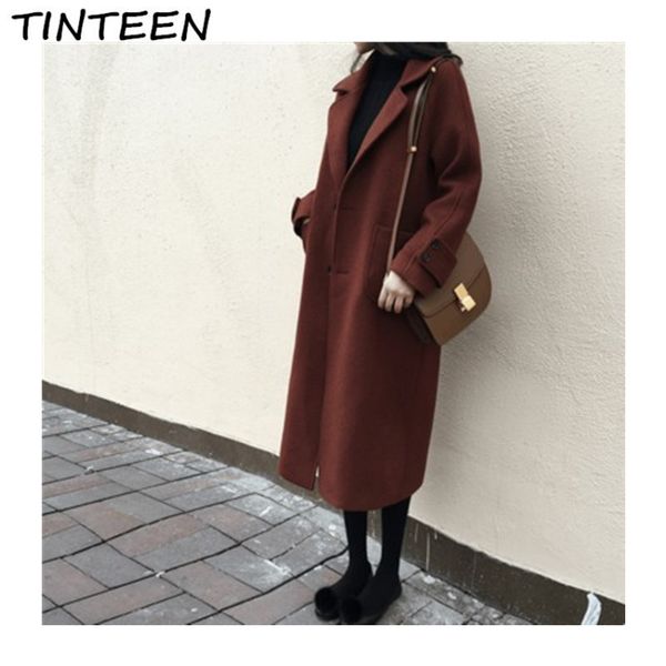 

tinteen 2018autumn and winter women's woolen coat female long section large size loose wool woolen coat fashion hxh301, Black