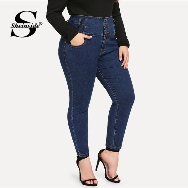 

sheinside plus size single breasted high waist skinny pants women 2019 spring casual double pocket jeans solid stretchy pants, Blue