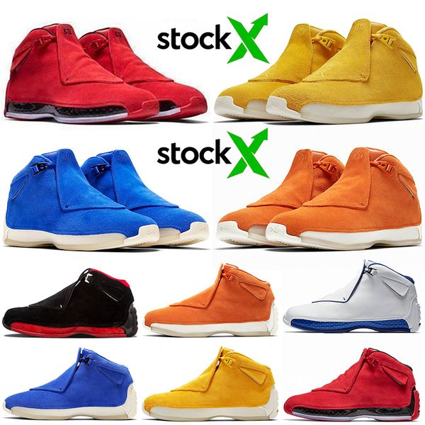 

18 18s jumpman men basketball shoes toro suede yellow orange sport royal defining moment stock x designer sneakers des chaussures 7-13
