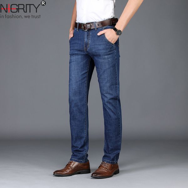 

nigrity 2019 fashion new men's business brand jeans casual stretch slim fit male denim trousers black-blue big size 42