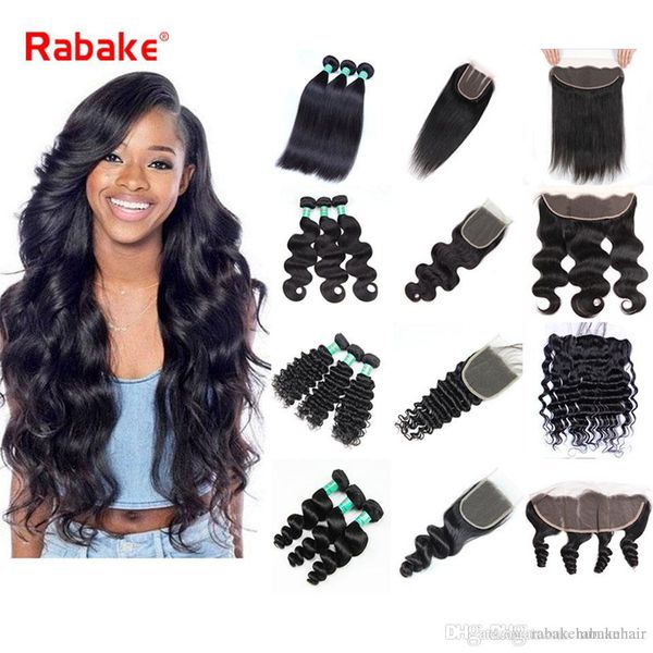 

human hair bundles with closure 13*4 lace frontal bundles rabake 8a brazilian straight virgin hair extensions 4*4 body wave lace closure, Black;brown