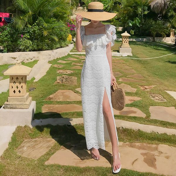 

women maxi white off shoulder lace dress summer 2020 runway elegant korean party wrap dress long vintage beach vacation dresses, Black;gray