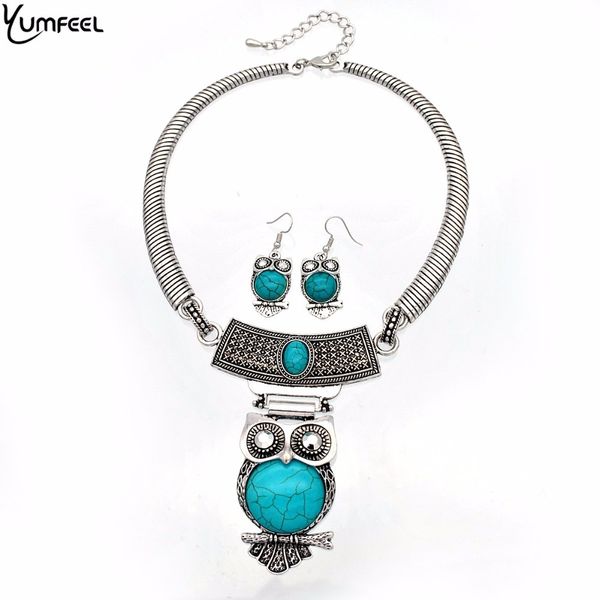 

yumfeel new jewelry sets metal antique silver plated synthetic stone choker owl necklace earring set for women gifts boho