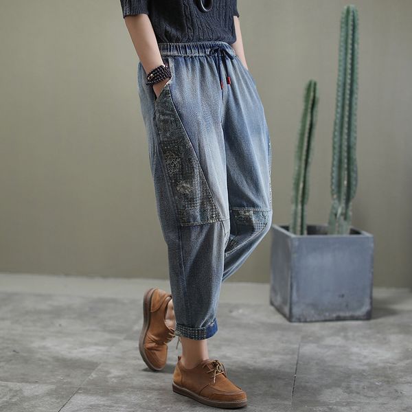 

female elastic waist fashion denim cowboy trousers plus size female harem pants 2020 spring cowboy patchwork printing jeans, Blue
