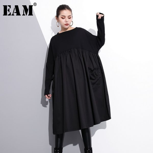 

eam] 2020 new spring round neck long sleeve black big size pockets fold split joint big size dress women fashion tide je616, Black;gray
