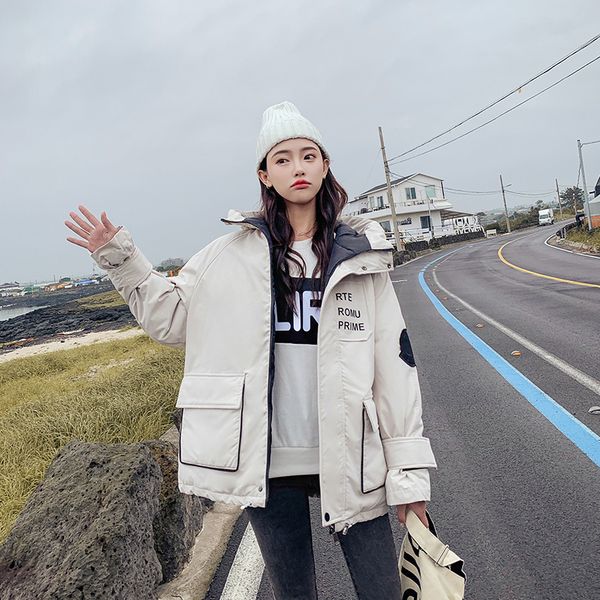 

2019 new fashion thick cotton letter pattern coats hooded stand collar womens outerwear warm glossy loose jackets female parkas, Black