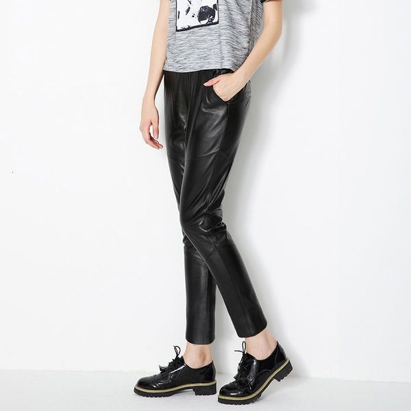 

new fashion womens genuine leather sheepskin england style mid waist long harem pants female trousers elastic waist plus size, Black;white