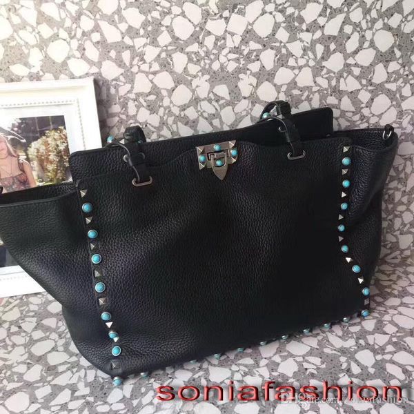 

new fashion women designer genuine leather big size lady shoulder tote bag with color long strap and rivet