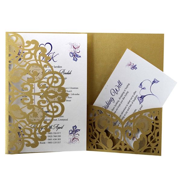 

100pcs laser cut luxury gold blue white wedding invitation card cover elegant lace greeting card cover party decoration supplies