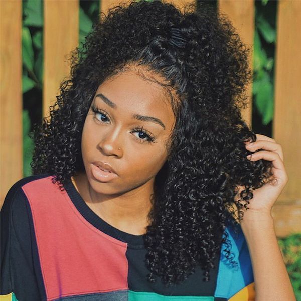 

360 lace frontal wig 150% density pre-plucked hairline 360 lace front brazilian remy human hair wig curly hair wig for black women, Black;brown