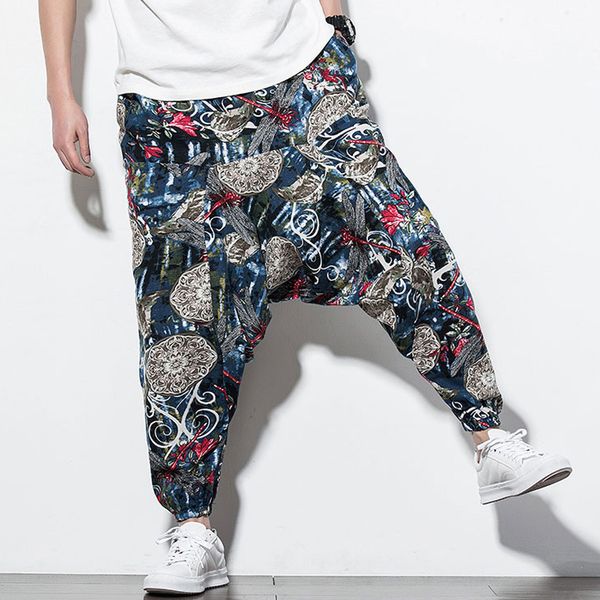 

men's pant trouser jogger 2019 casual fashion floral print vintage loose streetwear cotton linen breathable trousers men joggers, Black