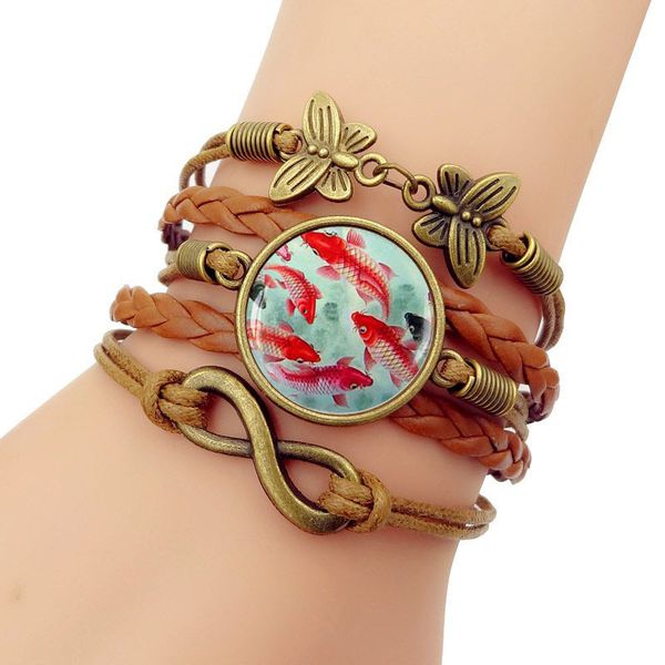 

japan koi fish time bracelet multi-storey weave skin group combine hand decorate, Golden;silver