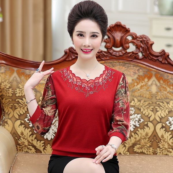 

middle-aged and elderly loose long-sleeved knitted base mother's clothes women's chiffon yarn-sleeve t- small t-shirt lace lace sh, White