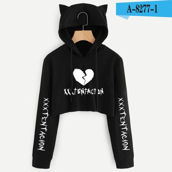 

heart-broken xxxtentacion cute womens hoodie crop cat ear cropped sweatshirt hooded pullover xxs-xxl, Black