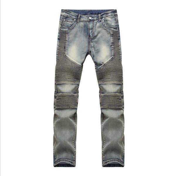 

us size men jeans men's big size retro wash biker skinny jeans casual classic folds stretch denim pants long trousers jogger, Blue