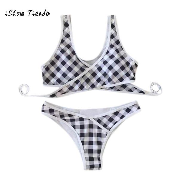 

2019 swimwear women sling lattice plaid bikini set cross bandage brazilian beachwear swimsuit bathing beachwear biquini 30