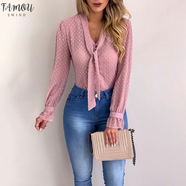 

2020 women chiffon blouse tee shirt casual long sleeve shirts bow tie v neck fashion summer basic plus size blusas, White