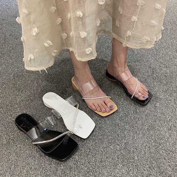 

med slippers casual shoes slipers women low glitter slides transparent heel square heel 2020 jelly flat summer block, Black