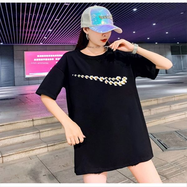 

large size fat mm women's 2020 summer clothes simple loose slim black daisy short-sleeved t-shirt female, White