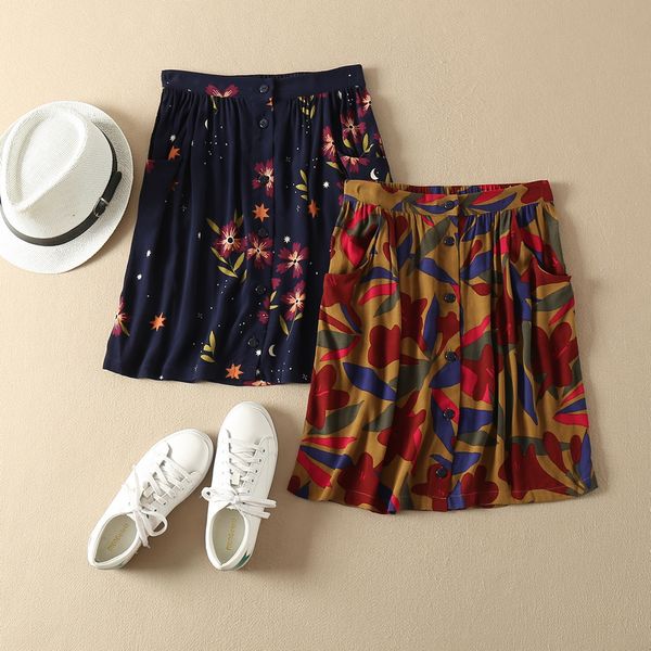 

floral printing 100% viscose single breasted pocket pleated mini skirt two colors, Black