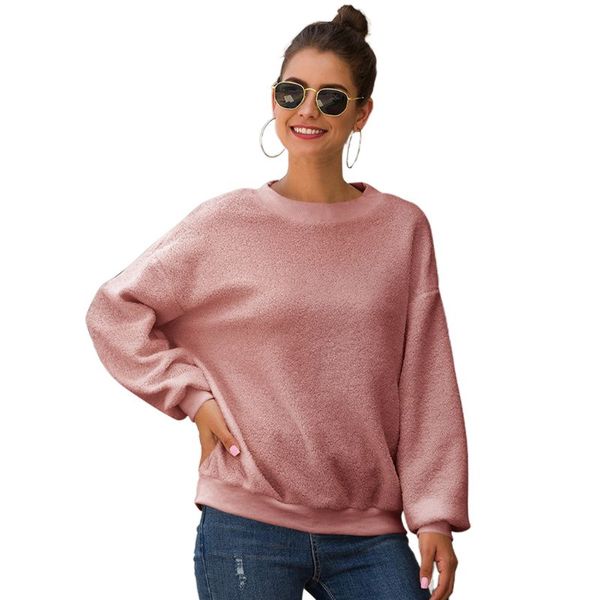 

women lantern long sleeve sweatshirt solid color warm plush o-neck pullover f42f, Black