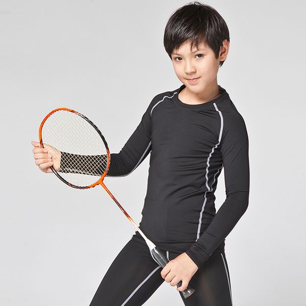 

kids child quick dry sport running wear bodybuilding tennis clothing fitness compression tights clothes long sleeve gym t shirt, Black;blue
