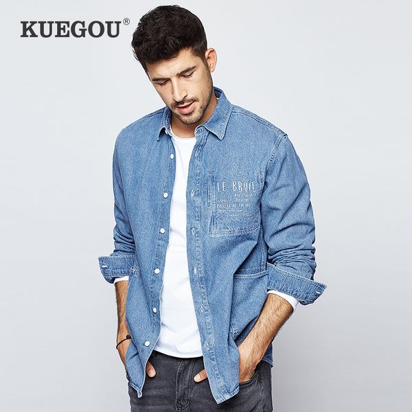 

kuegou 2019 autumn 100% cotton print denim shirt men dress button casual slim fit long sleeve for male fashion brand blouse 6938, White;black