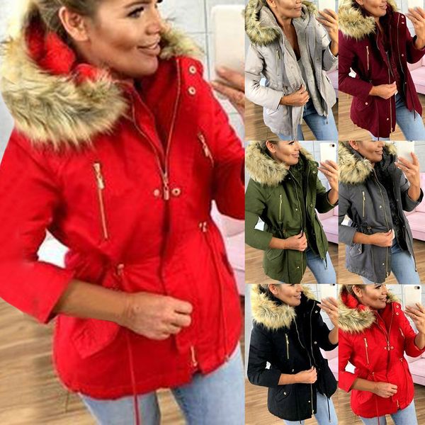 

solid parka streetwear coat 2019 winter jacket women casual hooded fur collar thick jacket female short adjustable waist parkas, Black