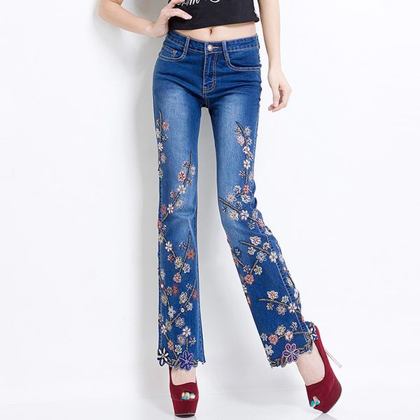 

plus size elastic skinny femme pants 5xl handmade beading embroidery flower boyfriend jeans women clothing trousers, Blue