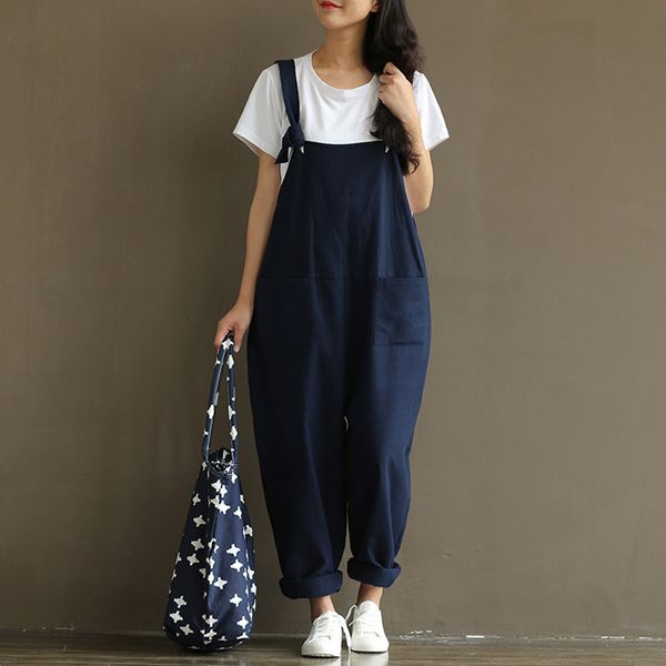 

summer women rompers width pocket solid color strap romper jumpsuit girls casual long trousers 88, Black;white