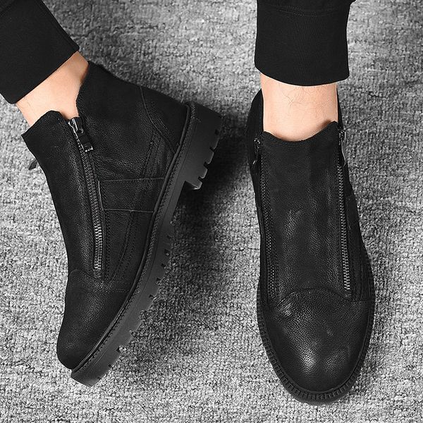 

men full grain leather boots man work black shoes winter plush snow boots with zip soft micro fleece lining for added warmth