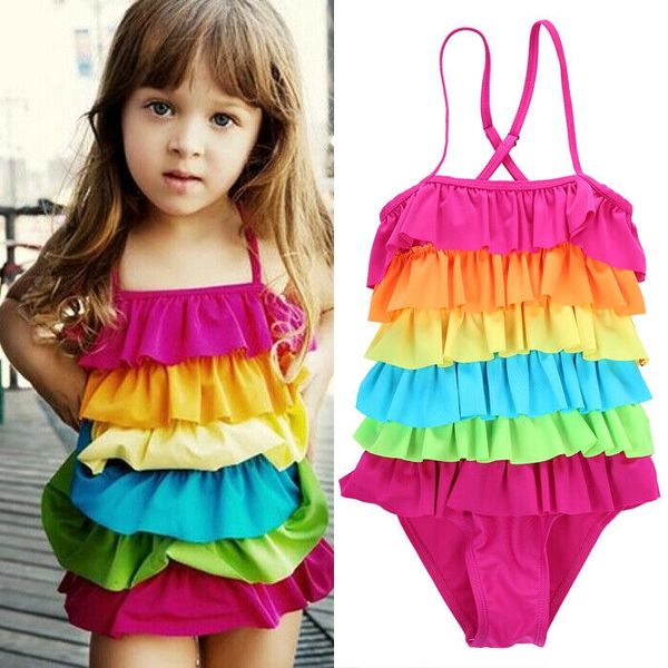 

casual toddler kids girls rainbow swimwear 2020 new arrival cute layered swimsuit one-piece bikini swimming costume bathing suit