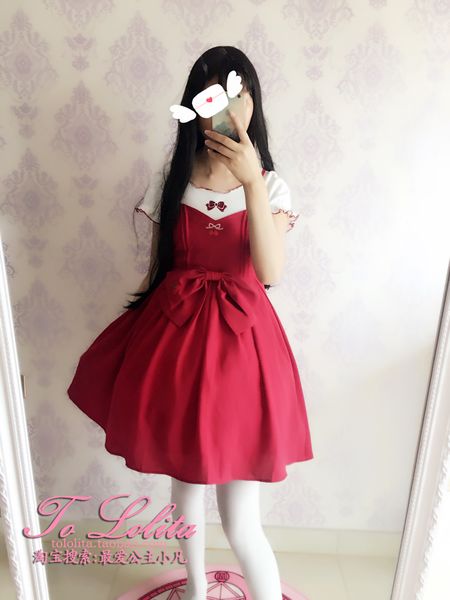 

japanese sweet lolita dress big bowknot cherry embroidery high waist victorian dress kawaii girl gothic lolita jsk loli cos, Black;red