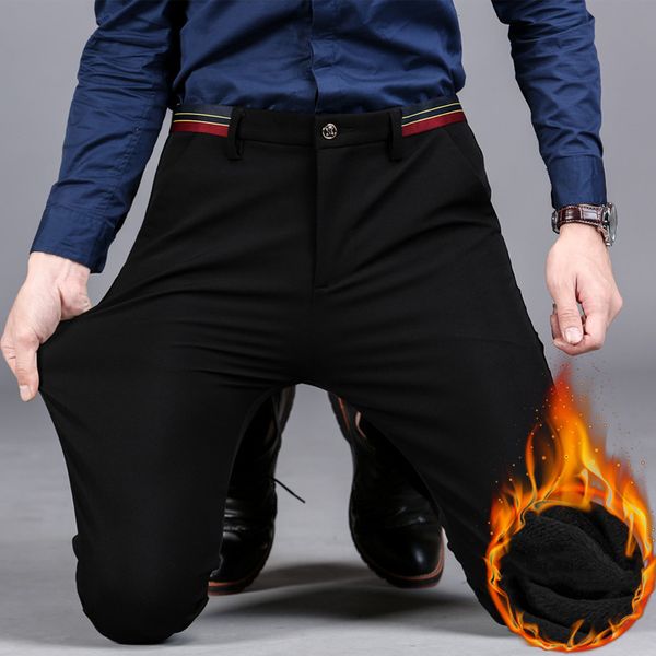 

winter thick fleece warm business style men straight casual pants elastic slim simple black blue cotton jeanstrousers