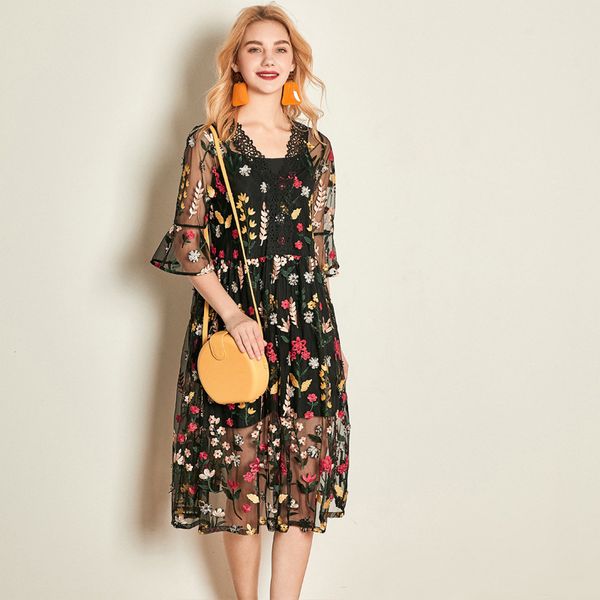 

crossmio organza embroidered dress 2020 summer 5-sleeve medium length baby women's two piece set, Black;gray