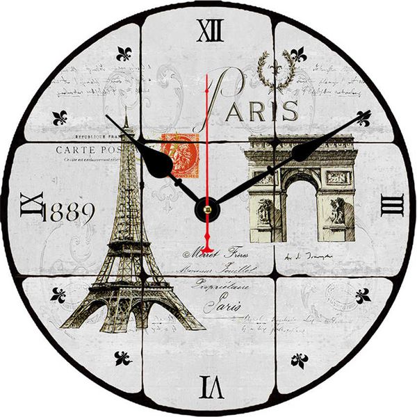 

wonzom paris scenery chic clock, wooden wall clock for living room lounge study bedroom ,silent round wall clock, 16-inch