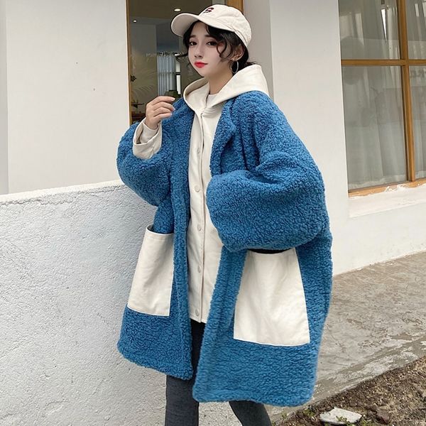 

ewq] leisure full sleeve single breasted hooded patchwork color women long loose oversize coat 2019 new autumn winter new ql732, Black