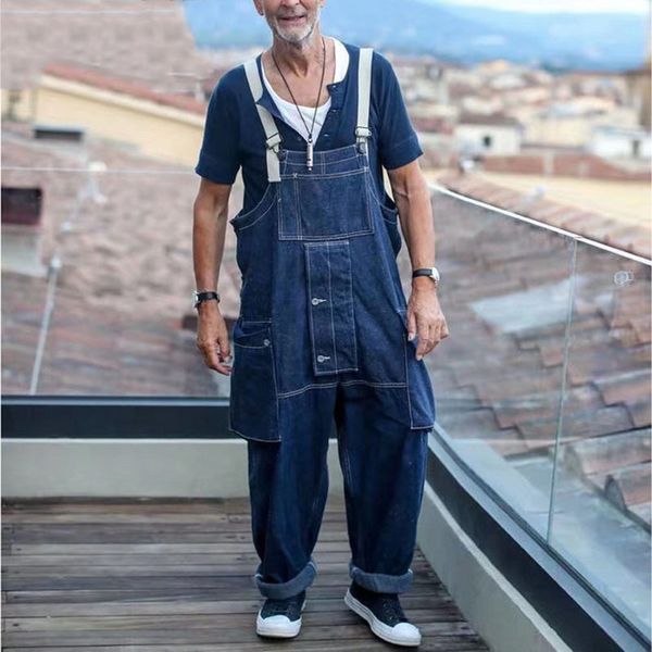 

men's jeans tooling jumpsuit suspenders europe and america loose casual tide, Blue